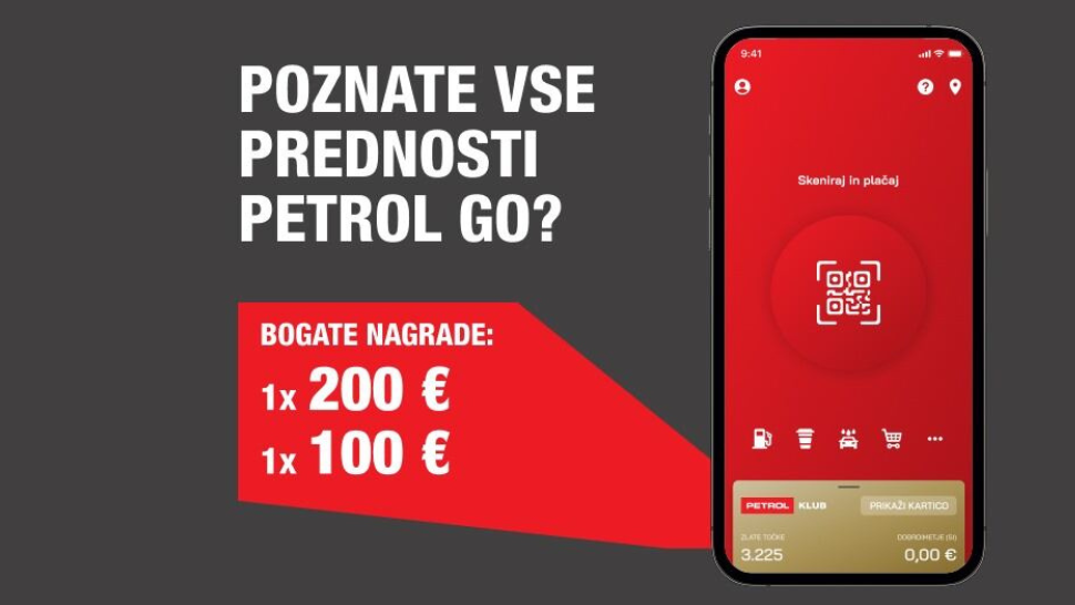 Poznate vse prednosti Petrol GO? Promocijski banner na temno sivem ozadju z rdečim grafičnim elementom, ki izpostavlja bogate nagrade 1 x 200 € in 1 x 100 €. Na desni je prikazan telefon z odprto aplikacijo Petrol GO in zaslonom za skeniranje ter plačilo.