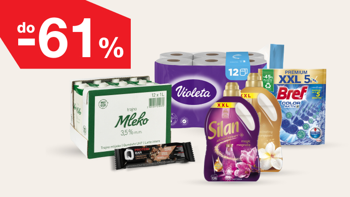 Izdelki na svetlem ozadju:: Trajno mleko Berglandmilch 3,5 % 1 L, 12 kos, Q protein bar Crunchy Chocolate, 2 Mehčalca Silan (Magnolia in Frangipani), WC obešanka Bref CA Eucalyptus 5x50 g in Toaletni papir Violeta, Strong & soft, bombaž, 3-slojni, 12 rol. V levem zgornjem kotu poudarjen popust do -61%.