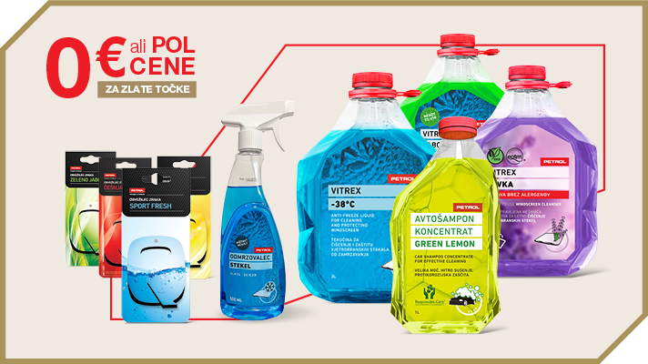 Na sliki je rdeč avtomobil med pranjem v avtopralnici z vidnimi kapljicami vode na karoseriji ter oznako 0 € ali pol cene za zlate točke.