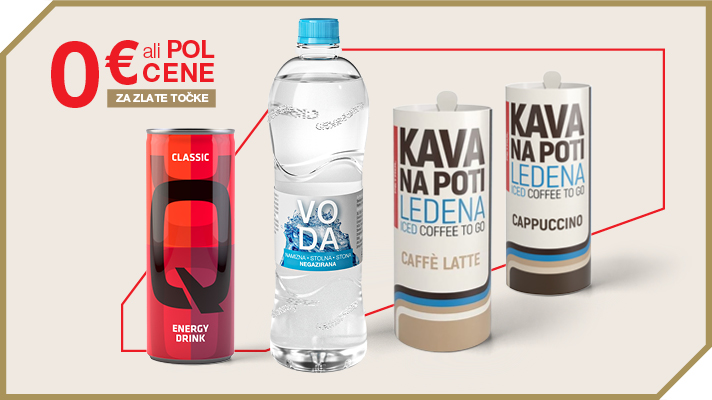 Na sliki so energijska pijača, plastenka vode in ledena kava Kava na poti z oznako 0 € ali pol cene za zlate točke.