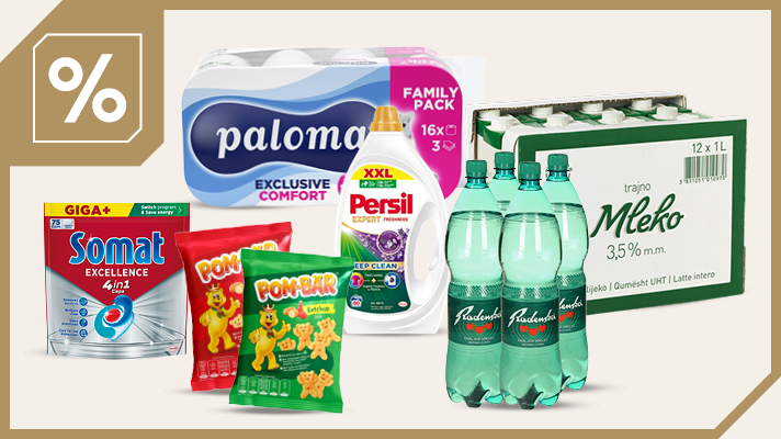 Izdelki na svetlem ozadju: Izdelki na svetlem ozadju: Trajno mleko Berglandmilch 3,5 % 1 L, 12 kos, Toaletni papir Paloma Exclusive Comfort 3 slojni, 16 kosov, Voda mineralna Radenska 4 x 1,5 L, Flips Pom-bar Original in Ketchup 2 x 65 g, Gel za pranje perila Persil Expert Lavender 2,7 L, 60 pranj in Kapsule za pranje posode Somat Excellence  4in1 75 pranj . Slika je obrobljena v zlato obrobo v levem zgornjem kotu pa je oznaka za procent.
