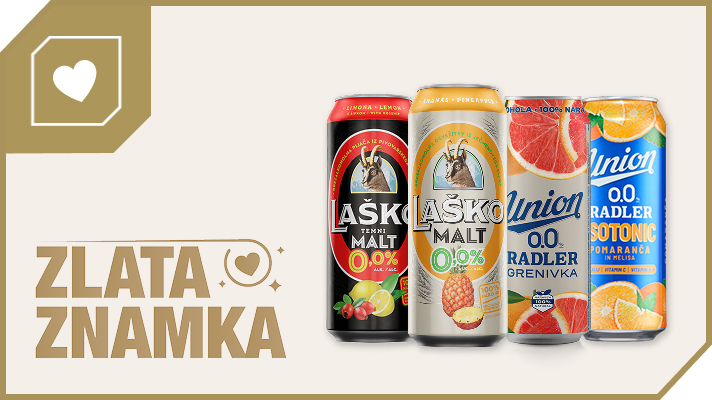 Promocijska grafika na svetlem ozadju z zlato obrobo. Na levi strani je simbol srca in velik napis »ZLATA ZNAMKA« v zlati barvi. Na desni strani so prikazane štiri pločevinke brezalkoholnih pijač: Laško Temni Malt 0,0 %, Laško Malt 0,0 %, Union 0,0 Radler Grenivka in Union 0,0 Radler Isotonic Pomaranča in melisa. Izdelki so predstavljeni kot del ponudbe izdelkov z oznako Zlata znamka.