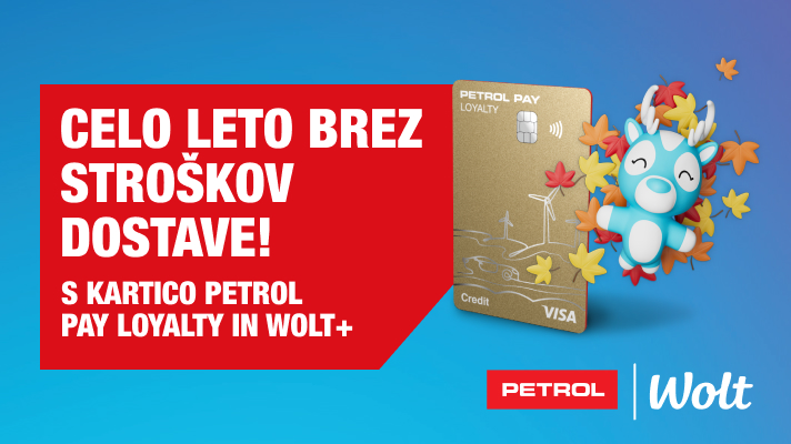 Na sliki je prikazana promocijska ponudba brez stroškov dostave za celo leto ob uporabi kartice Petrol Pay Loyalty in Wolt+, ob prikazu kartice Petrol Pay Loyalty ter maskote Wolt.