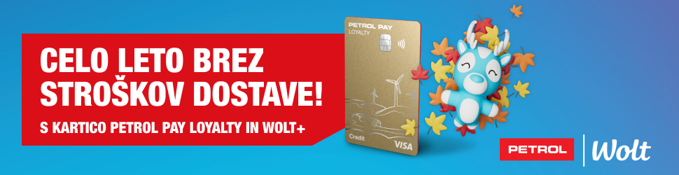 Na sliki je prikazana promocijska ponudba brez stroškov dostave za celo leto ob uporabi kartice Petrol Pay Loyalty in Wolt+, ob prikazu kartice Petrol Pay Loyalty ter maskote Wolt.