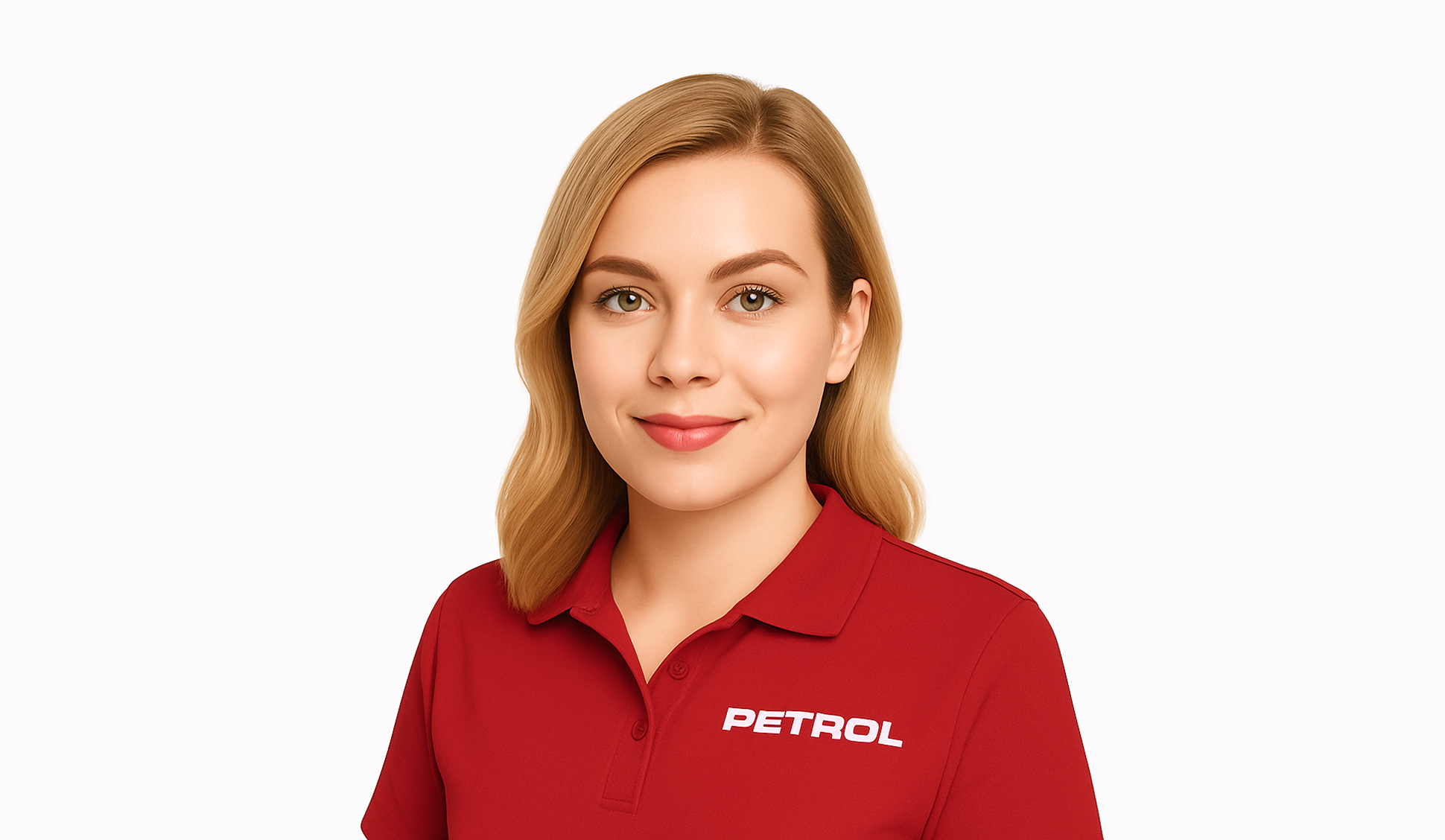 Na sliki je prikazan portret nasmejane ženske z blond lasmi, ki nosi rdečo polo majico z logotipom Petrol. Predstavlja Petrolovo AI asistentko. Ozadje je svetlo in nevtralno.