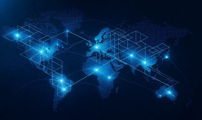 Digitalni zemljevid sveta z označenimi globalnimi povezavami in svetlobnimi vozlišči. Grafični prikaz ponazarja mednarodno povezanost, podatkovna omrežja, digitalno transformacijo in globalno poslovanje.