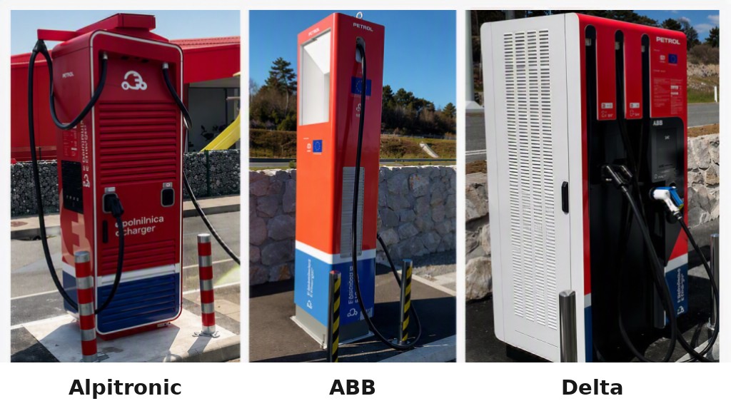 Na sliki so različni modeli hitrih polnilnic za električna vozila, namenjeni javnemu in poslovnemu polnjenju.