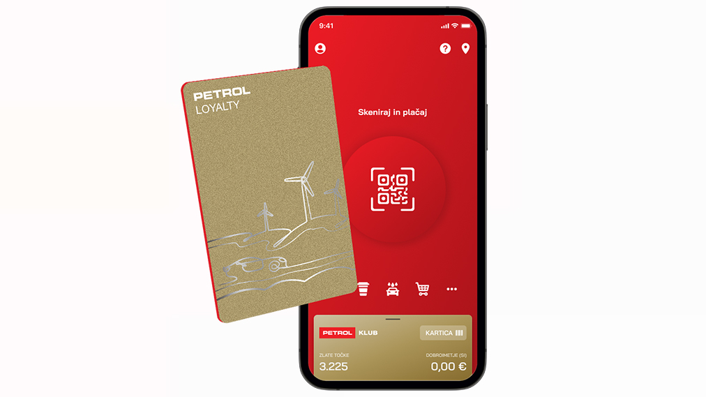 Na sliki je pametni telefon z odprto aplikacijo Petrol v rdeči barvni shemi, na zaslonu je prikazan gumb za skeniranje QR kode z napisom »Skeniraj in plačaj«. Pred telefonom je postavljena zlata kartica »Petrol Loyalty« z minimalistično ilustracijo vetrnic in ceste. Na dnu zaslona so vidni podatki o zvestobnem programu, vključno s točkami in stanjem.