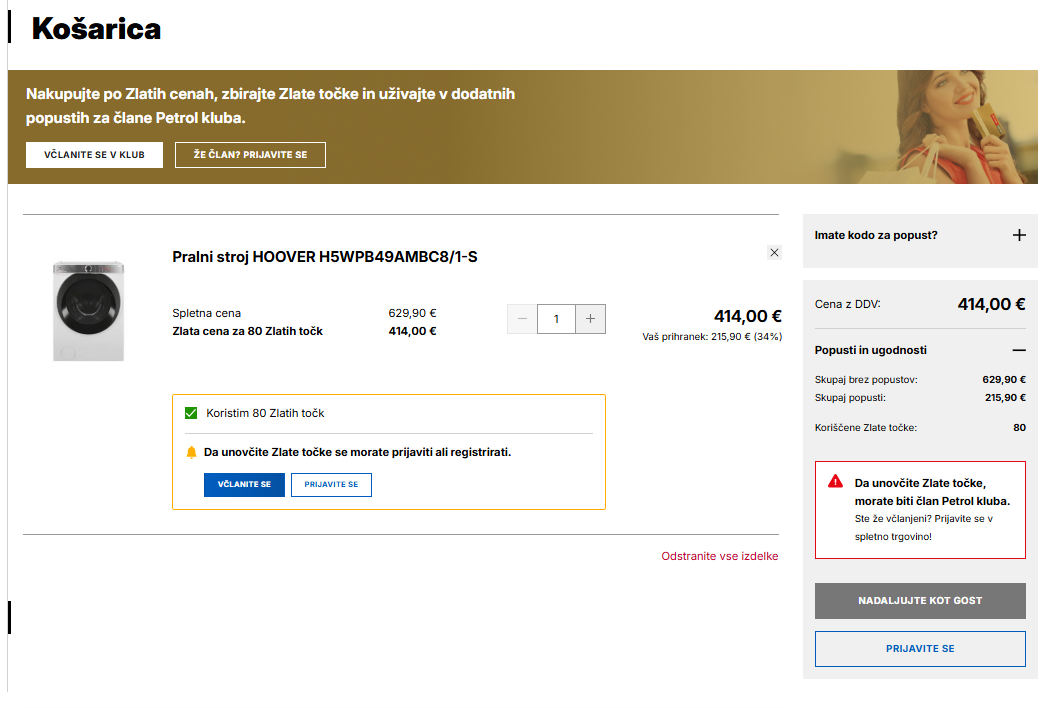 Slika prikazuje korak »Košarica« z izdelkom pralni stroj Hoover, prikazom spletne cene in Zlate cene, možnostjo urejanja količine ter obvestilom o koriščenju 80 Zlatih točk, ki zahteva prijavo ali včlanitev. Desno je cenovni povzetek z izračunanim prihrankom, prikazom koriščenih točk ter gumboma »Nadaljujte kot gost« in »Prijavite se«.
