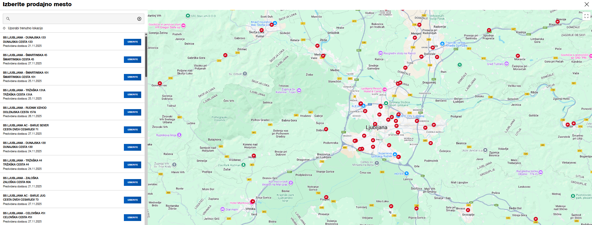 Slika prikazuje okno »Izberite prodajno mesto« z iskalnikom, možnostjo uporabe trenutne lokacije, seznamom več prodajnih mest z naslovom in predvidenim datumom dostave ter gumbi »Izberite«. Desno je prikazan zemljevid z označenimi prodajnimi mesti.