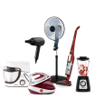 Tefal in Rowenta mali gospodinjski aparati: sušilnik za lase Rowenta, stoječi ventilator, rdeč pokončni sesalnik, kuhinjski planetarni mešalnik Tefal, parna likalna postaja ter steklen blender Tefal s sadjem – idealno za nego doma in pripravo hrane.
