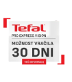Promocijska grafika blagovne znamke Tefal za Pro Express Vision z napisom 'Možnost vračila 30 dni' in gumbom 'Več informacij'.