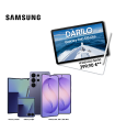 Na sliki so trije različni telefoni Samsung in tablica, ki jo stranka prejme kot darilo ob nakupu. 
