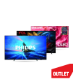 Slika treh televizorjev znamk Philips, TCL in Samsung z oznako Outlet.