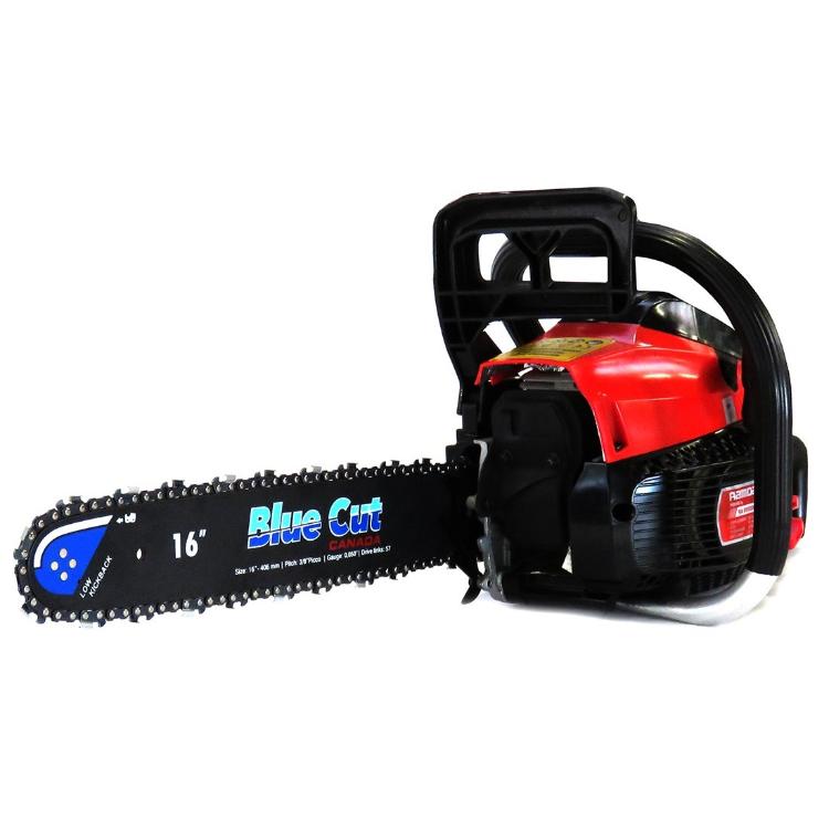 Motorna žaga Ramda YS-4118H z 40 cm mečem in verigo Blue Cut, prikazana iz sprednje stranske perspektive.