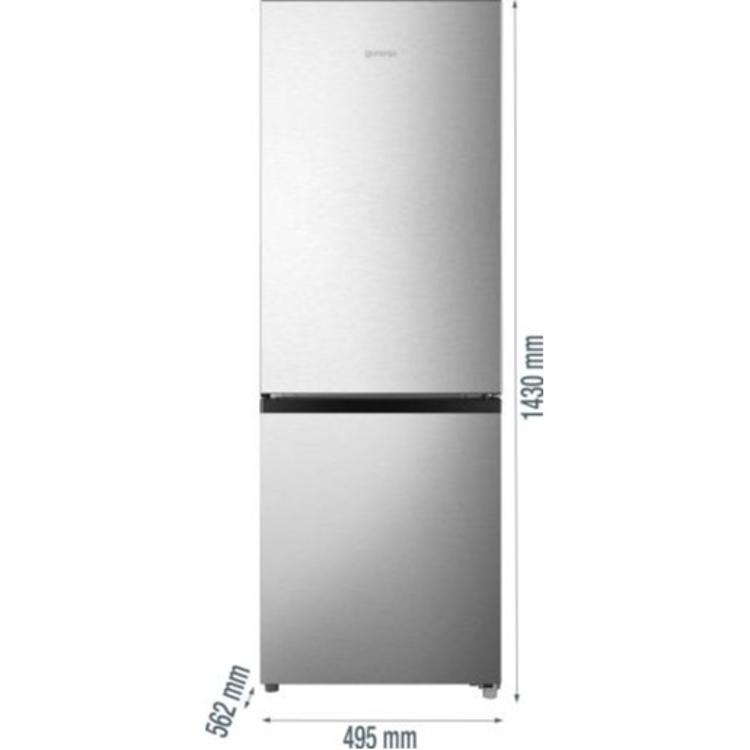 Gorenje hladilnik z zamrzovalnikom spodaj v srebrni barvi z označenimi dimenzijami 1430 × 495 × 562 mm.