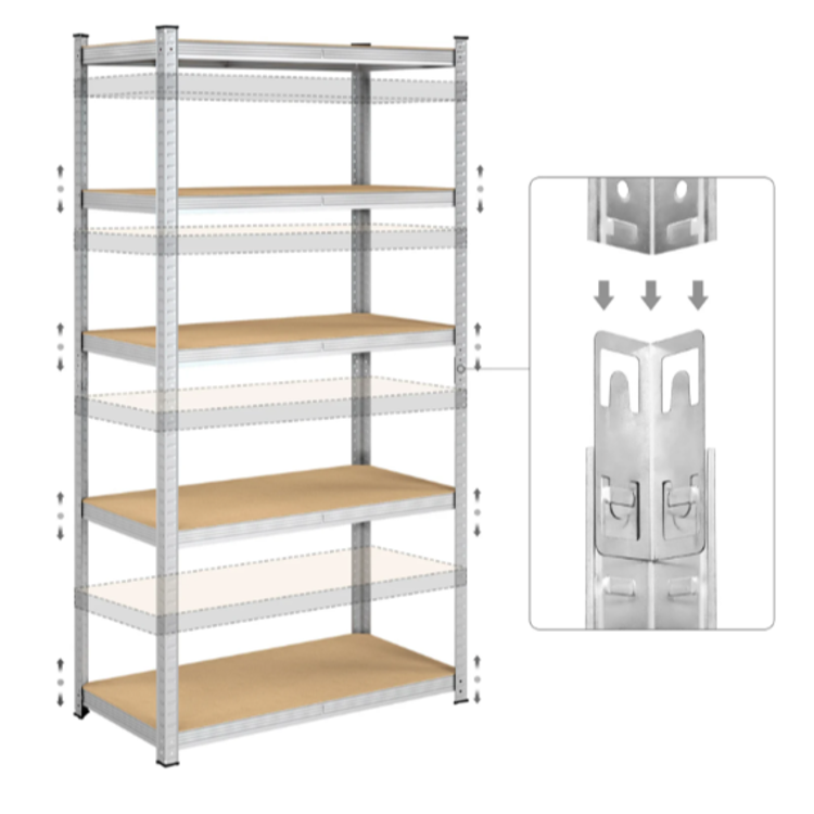 Kovinski regal z nastavljivo višino polic, prikaz sistema pritrjevanja brez vijakov.