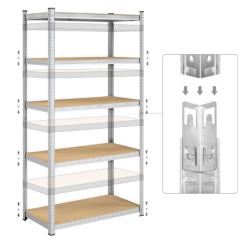 Kovinski regal z nastavljivo višino polic, prikaz sistema pritrjevanja brez vijakov.
