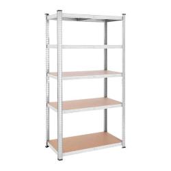 Kovinski skladiščni regal s petimi lesenimi policami, samostoječ na belem ozadju.