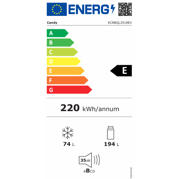 Energijska nalepka vgradnega hladilnika Candy ECNBQL3518EV z razredom učinkovitosti E, poraba 220 kWh letno.