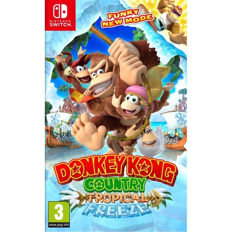 Donkey Kong Country: Tropical Freeze za Nintendo Switch, uradna naslovnica z Donkey Kongom, Dixie Kong, Diddy Kong in Funky Kong v tropskem okolju.