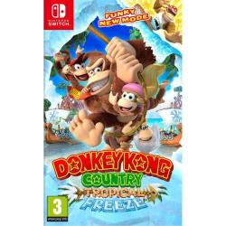 Donkey Kong Country: Tropical Freeze za Nintendo Switch, uradna naslovnica z Donkey Kongom, Dixie Kong, Diddy Kong in Funky Kong v tropskem okolju.