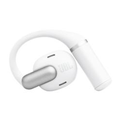 Bela JBL odprto‑ušesna slušalka z ukrivljenim kaveljčkom in srebrnim detajlom za stabilno nošenje.