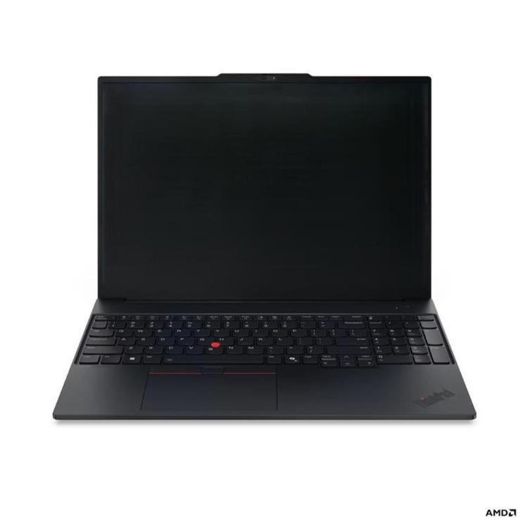 ThinkPad E16 G4 R7AI 32/1 WUXGA, NOS, sprednji pogled na odprt prenosnik s tipkovnico in TrackPointom.