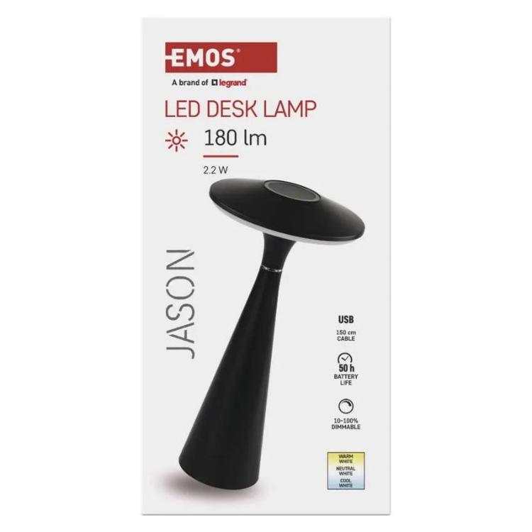 Namizna LED svetilka Emos JASON, polnilna, črna