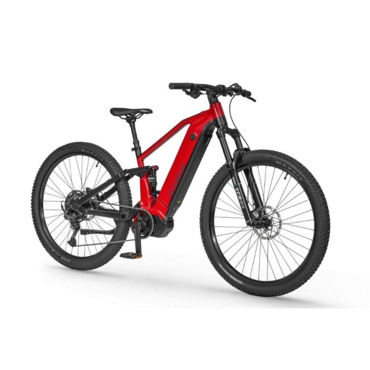 Ecobike električno gorsko kolo: rdeče-črn okvir, sprednje vzmetenje, debeli terenski plašči in disk zavore.