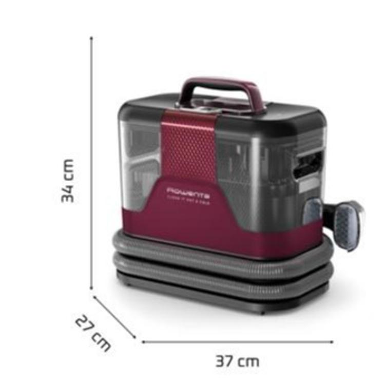 Parni čistilec z ročajem v črno-rdeči barvi z označenimi dimenzijami 37 × 27 × 34 cm