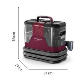 Parni čistilec z ročajem v črno-rdeči barvi z označenimi dimenzijami 37 × 27 × 34 cm