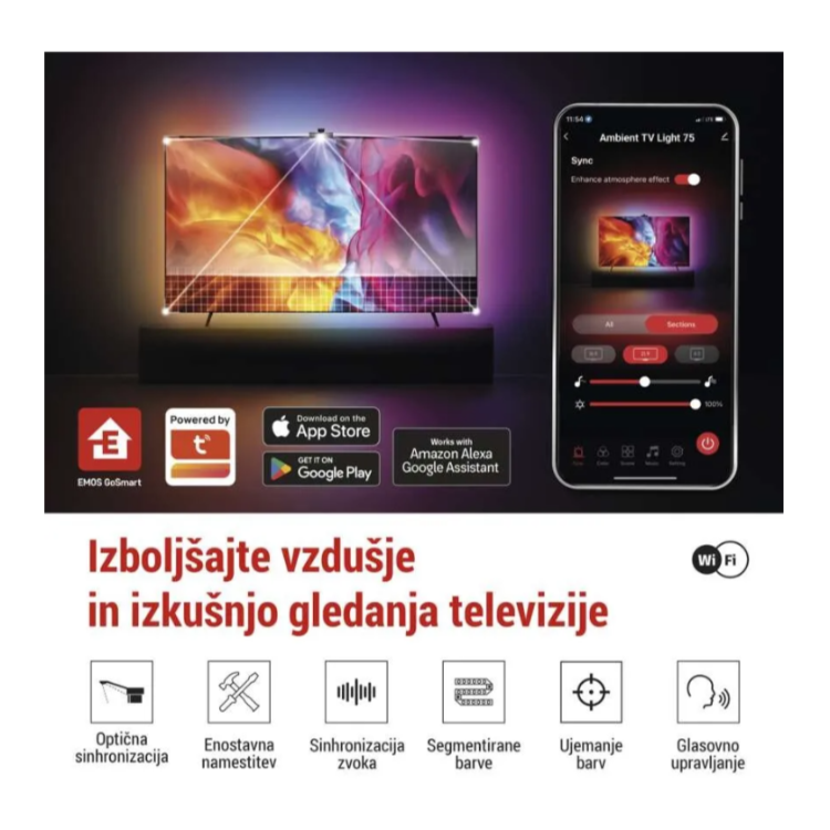TV z RGB osvetlitvijo ozadja, HD kamero za zajem barv zaslona, mobilno aplikacijo in Wi‑Fi upravljanjem.