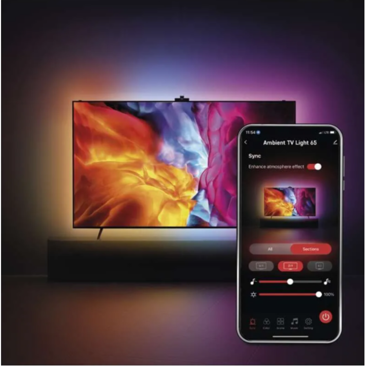 TV z barvno ambientno osvetlitvijo, ki se sinhronizira s sliko prek mobilne aplikacije Ambient TV Light 75