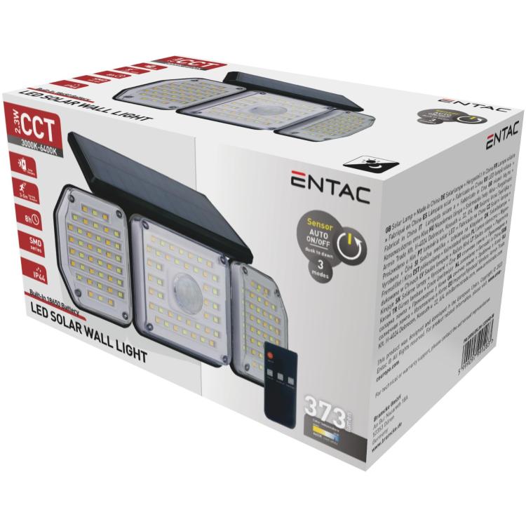 Embalaža solarne LED stenske svetilke Entac 991283 s prikazom izdelka, daljinskim upravljalnikom in tehničnimi lastnostmi.