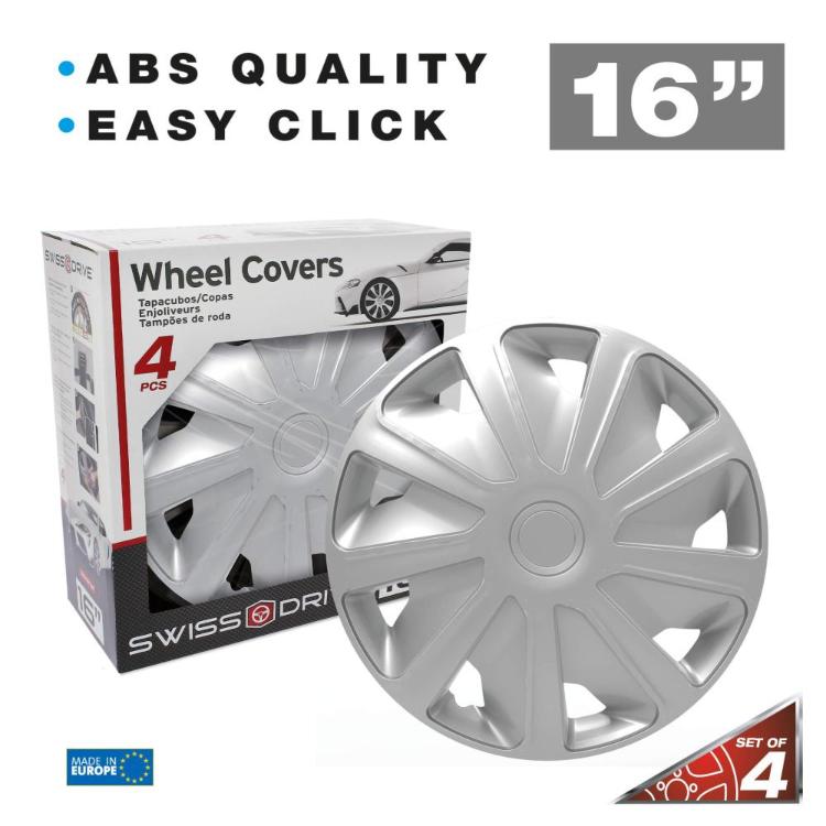 Škatla SWISS DRIVE z napisom "Wheel Covers", skozi okno viden pokrov; označeno 4 kosi, 16"