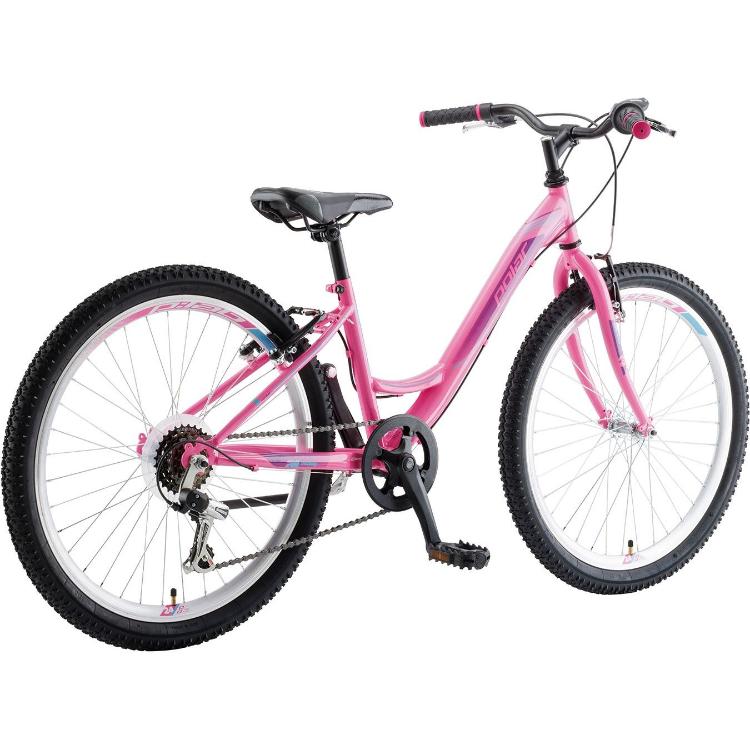 Rožnato otroško kolo Polar Modesty 24”, nizek okvir, več prestav, V-zavore, grobe pnevmatike za vsakdanjo vožnjo, stranski pogled.