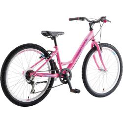 Rožnato otroško kolo Polar Modesty 24”, nizek okvir, več prestav, V-zavore, grobe pnevmatike za vsakdanjo vožnjo, stranski pogled.
