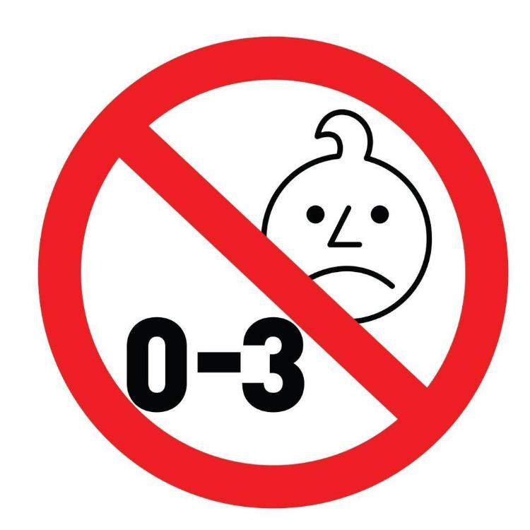 Opozorilni simbol prepovedi za otroke od 0 do 3 let zaradi majhnih delov.