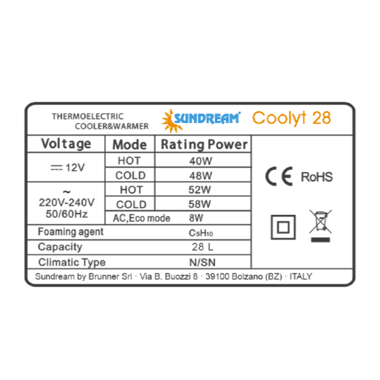 Tehnična nalepka električne hladilne torbe SunDream Coolly 28 z napetostmi, močjo in prostornino 28 L.