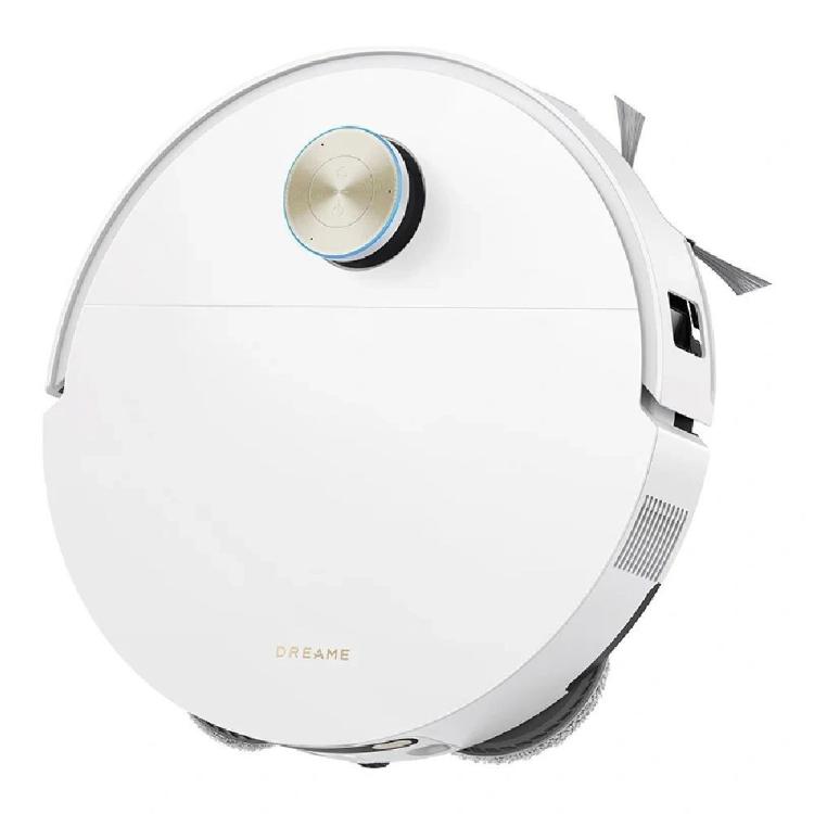 Bel robotski sesalnik Dreame X60 Ultra Complete z LiDAR navigacijo, prikazan od zgoraj z dvema vrtljivima krpama za pomivanje.