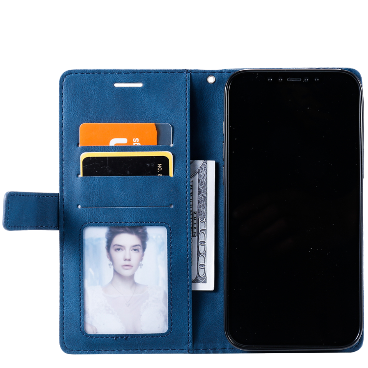 Modra preklopna torbica WLGO Lines za Honor 600 Smart z režami za kartice, prostorom za bankovce in prozornim žepom za fotografijo.