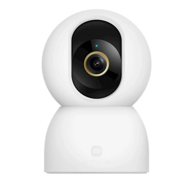Xiaomi Smart Camera C300 v beli barvi, prikazana pod kotom z vrtljivo kamero in objektivom za nadzor notranjih prostorov.