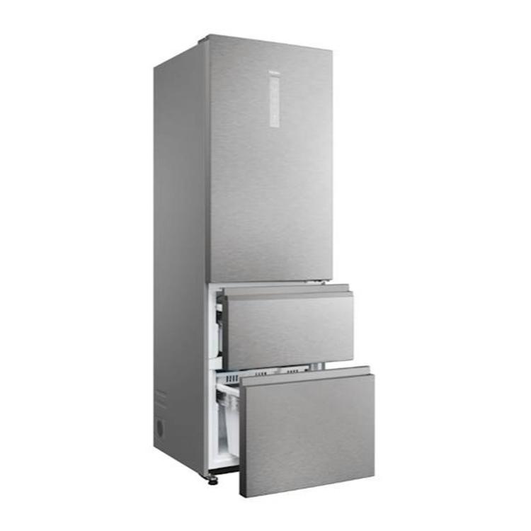 Haier HTW5620DNMG v inox izvedbi z delno odprtima zamrzovalnima predaloma, ki prikazujeta prostorno zasnovo za organizirano shranjevanje zamrznjenih živil