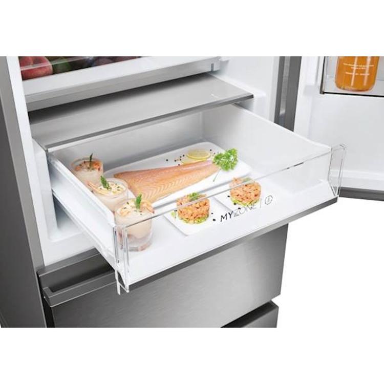 Predal My Zone v hladilniku Haier HTW5620DNMG z ribo in drugimi občutljivimi živili, zasnovan za prilagodljivo nastavitev temperature glede na vrsto hrane