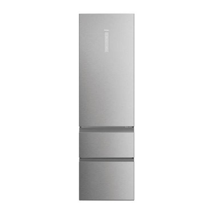 Haier HTW5620DNMG trivraten hladilnik v inox izvedbi z zgornjim hladilnim delom, dvema zamrzovalnima predaloma in zunanjim digitalnim zaslonom za upravljanje temperature