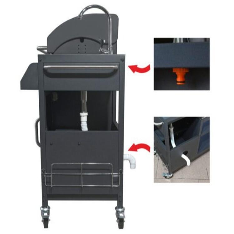 Hrbtna stran enote Cattara s priklopi za vodo in odtokom.