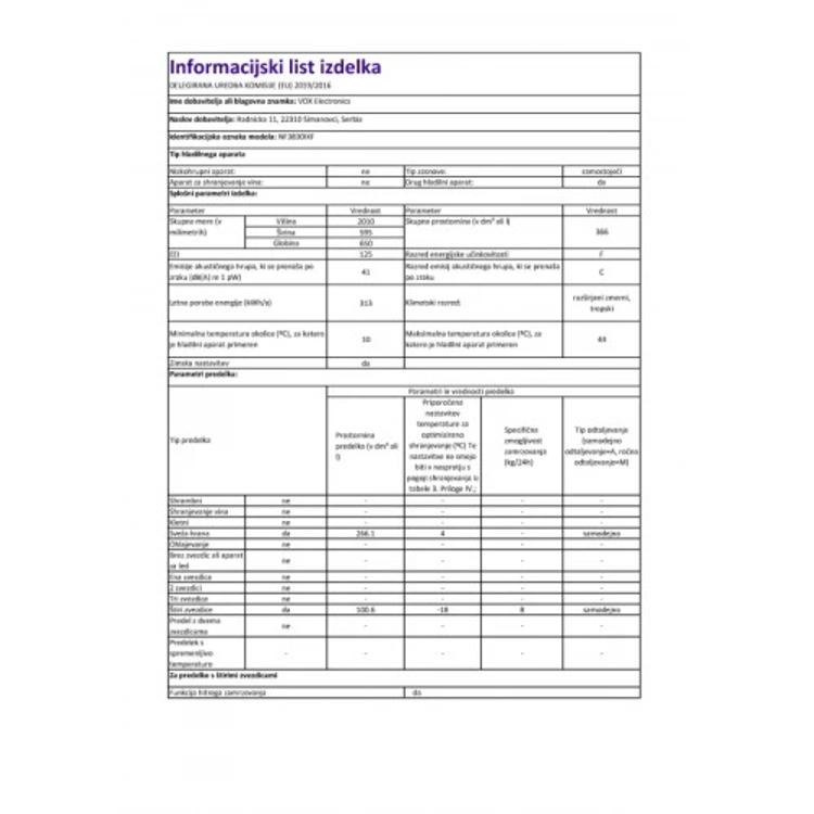 Hladilnik z zamrzovalnikom VOX NF 3830 IX, F, 367 l, 201 cm, No-Frost
