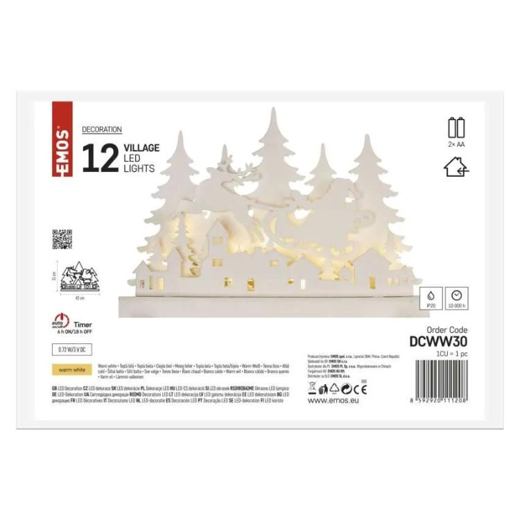 Lesena dekoracija božična vasica LED, 31 cm, 2x AA, notranja, topla bela
