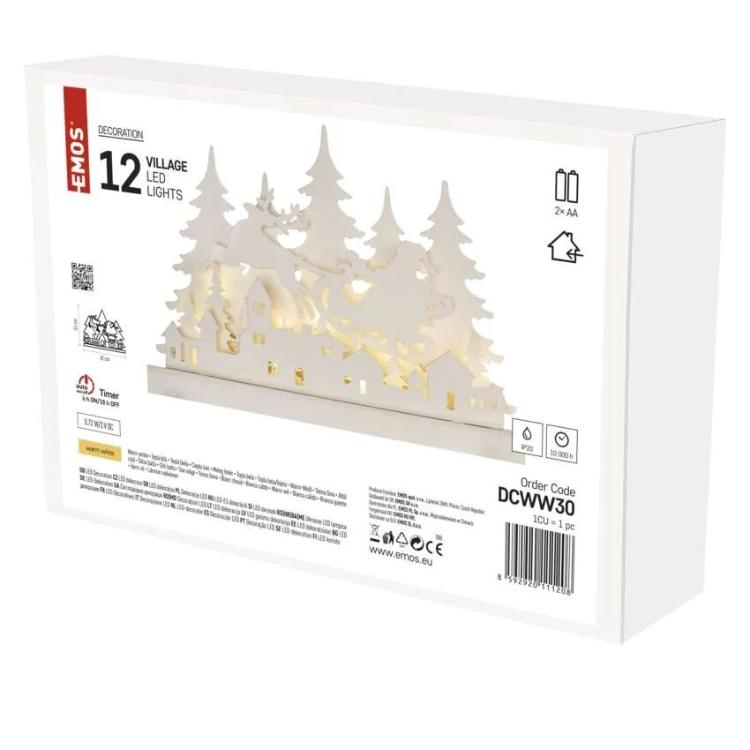 Lesena dekoracija božična vasica LED, 31 cm, 2x AA, notranja, topla bela